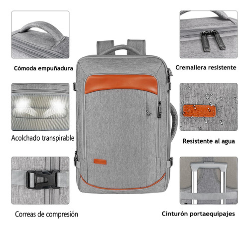 Mochila De Viaje Vancropak 1215 Mochilas De Viaje 50L Mochila Viaje con Tres Bolsos Gris y Naranja.