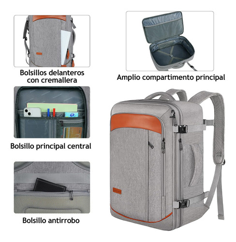 Mochila De Viaje Vancropak 1215 Mochilas De Viaje 50L Mochila Viaje con Tres Bolsos Gris y Naranja.