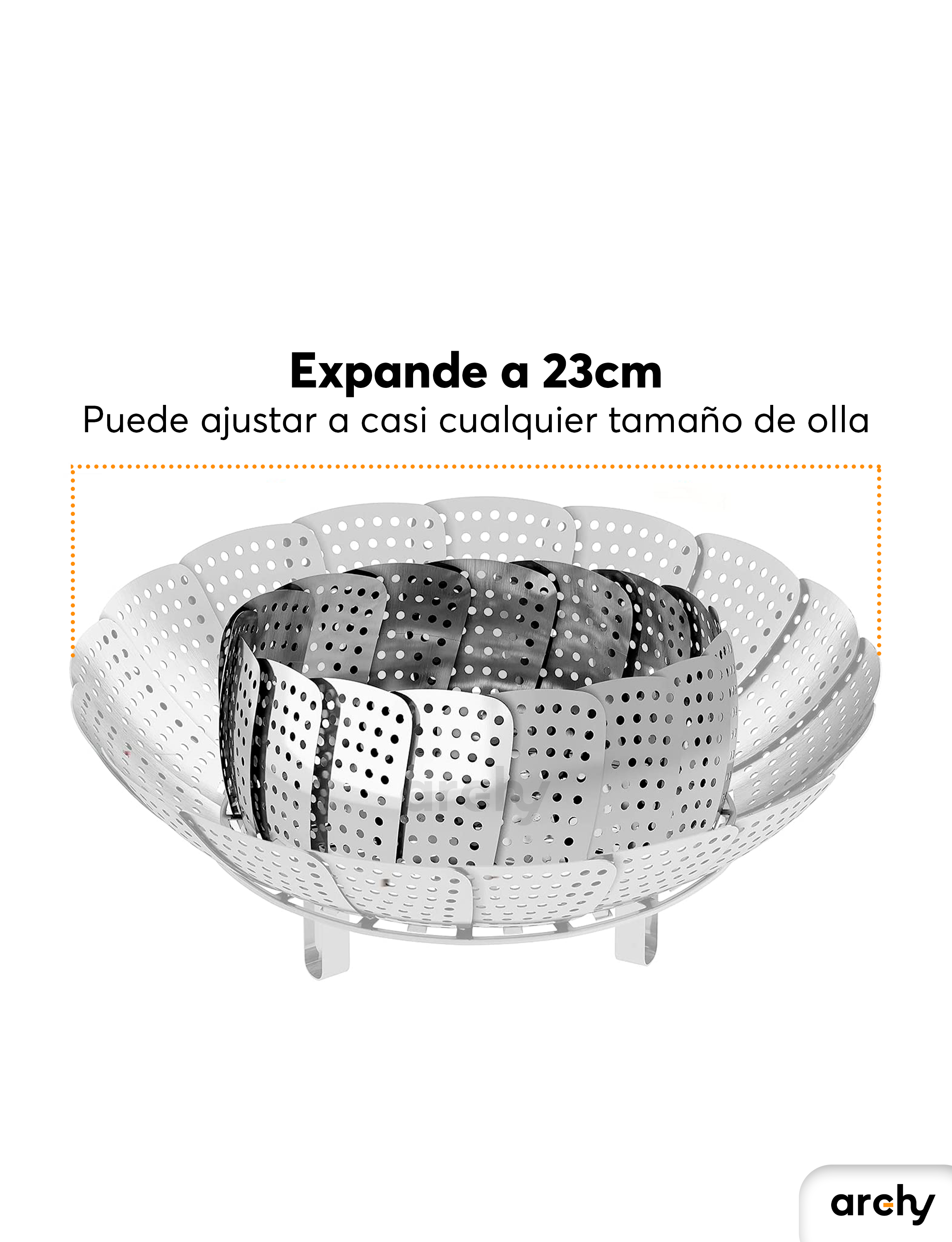 Cesta Vaporera Archy para Verduras Cestillo plegable Expandible 9" 23cm Acero Inoxidable para Cocer a Vapor alimentos, carnes, Comida Saludable, Utensilios de Cocina, Ajustable Olla (1686723) (23cm).