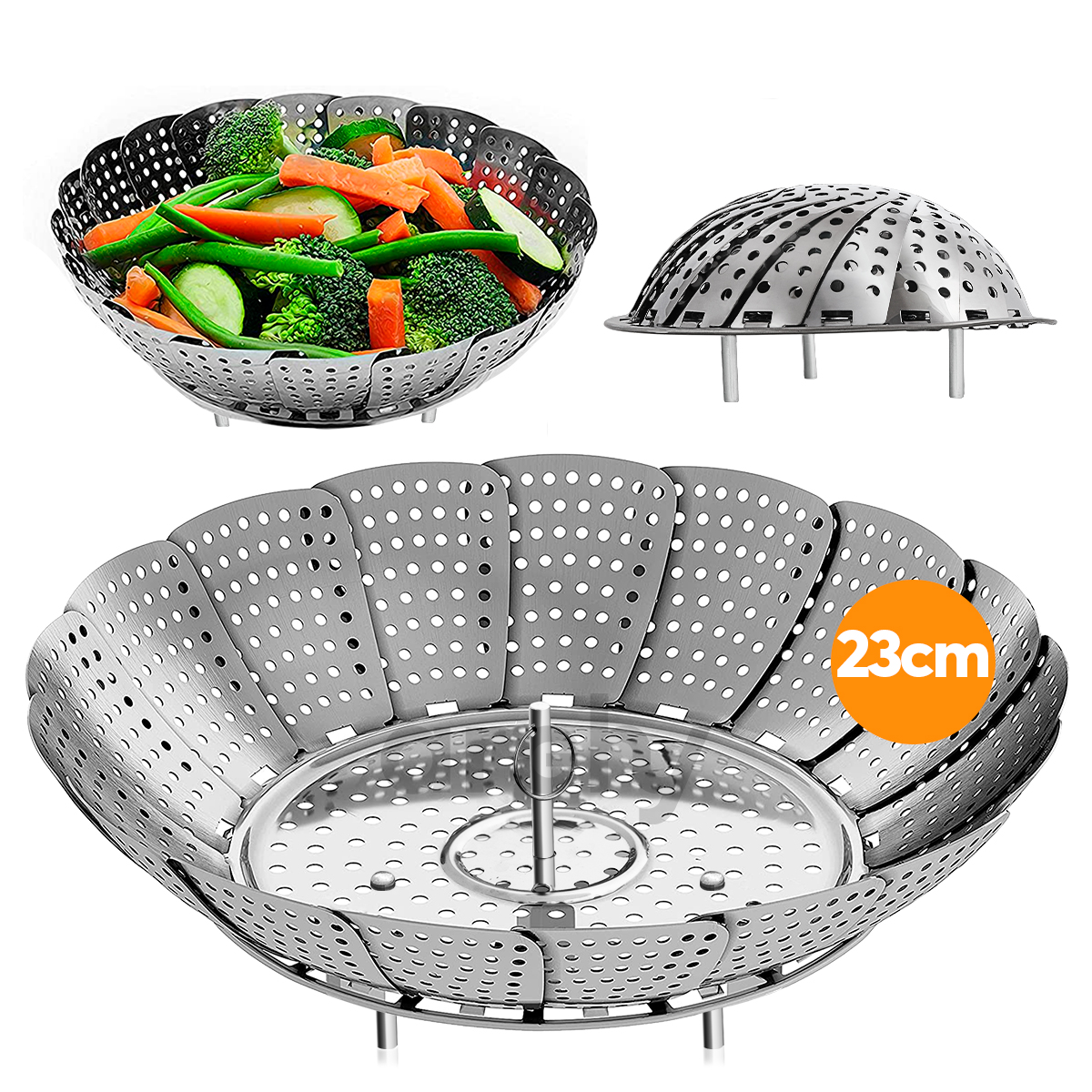 Cesta Vaporera Archy para Verduras Cestillo plegable Expandible 9" 23cm Acero Inoxidable para Cocer a Vapor alimentos, carnes, Comida Saludable, Utensilios de Cocina, Ajustable Olla (1686723) (23cm).