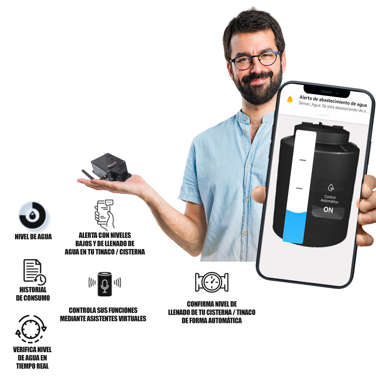 Master Medidor de Agua para Tinaco y Cisterna con Sensor Inteligente Usalo Facilmente Desde su App con tu Celular es Compatible con Alexa IOT-WATER