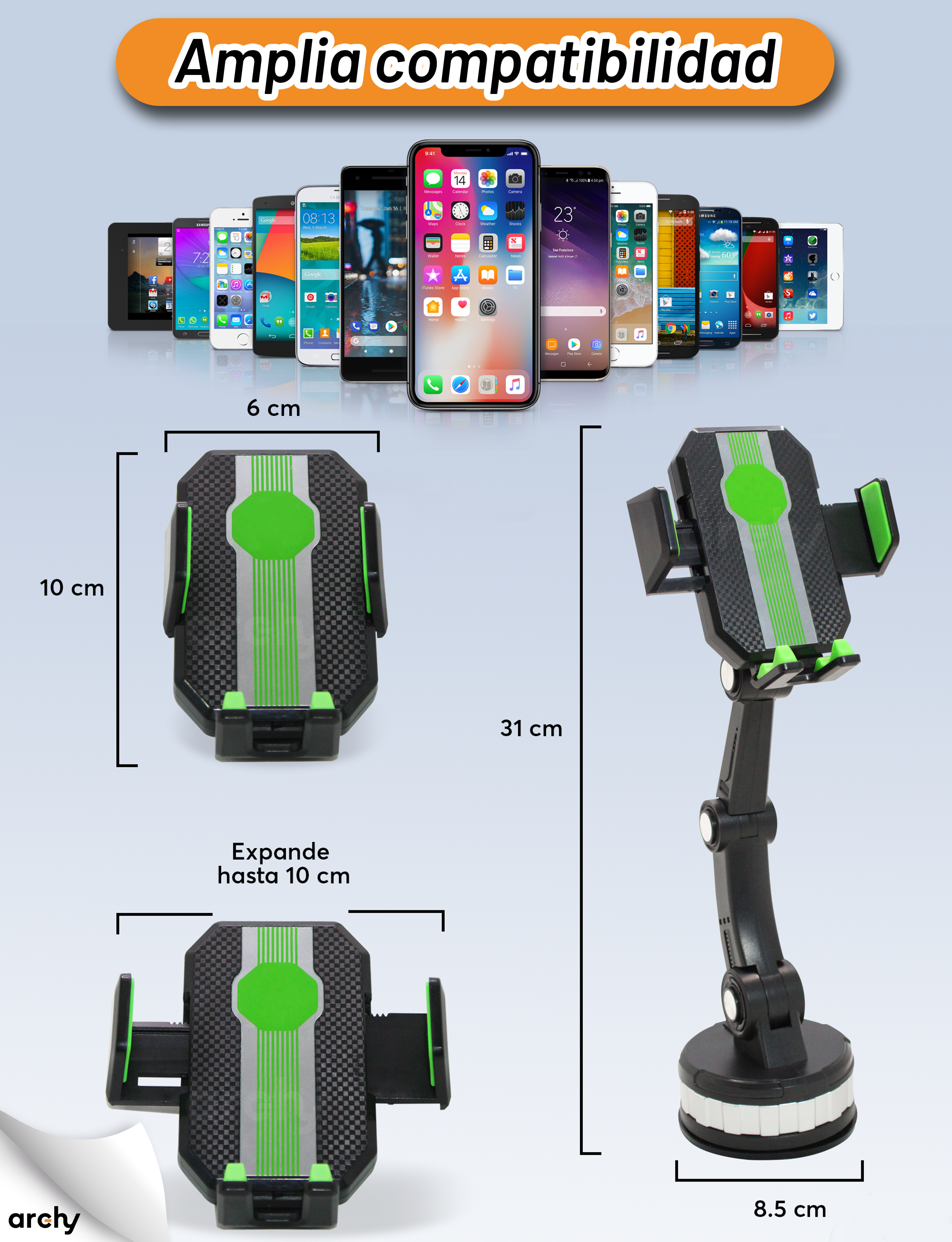 Soporte para Celular Archy Automovil Base Porta Celular Coche Flexible Rotación 360 Universal para Carro Brazo Articulado Auto Ventosa Grande Salpicadero Coche Botón de Bloqueo.