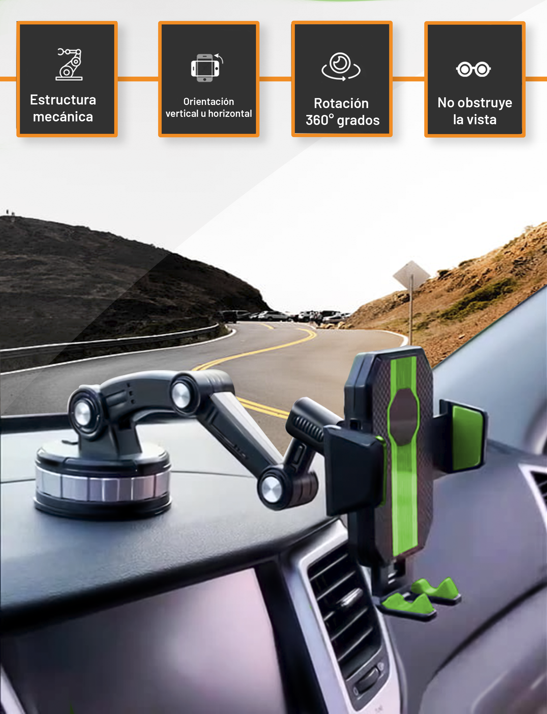Soporte para Celular Archy Automovil Base Porta Celular Coche Flexible Rotación 360 Universal para Carro Brazo Articulado Auto Ventosa Grande Salpicadero Coche Botón de Bloqueo.