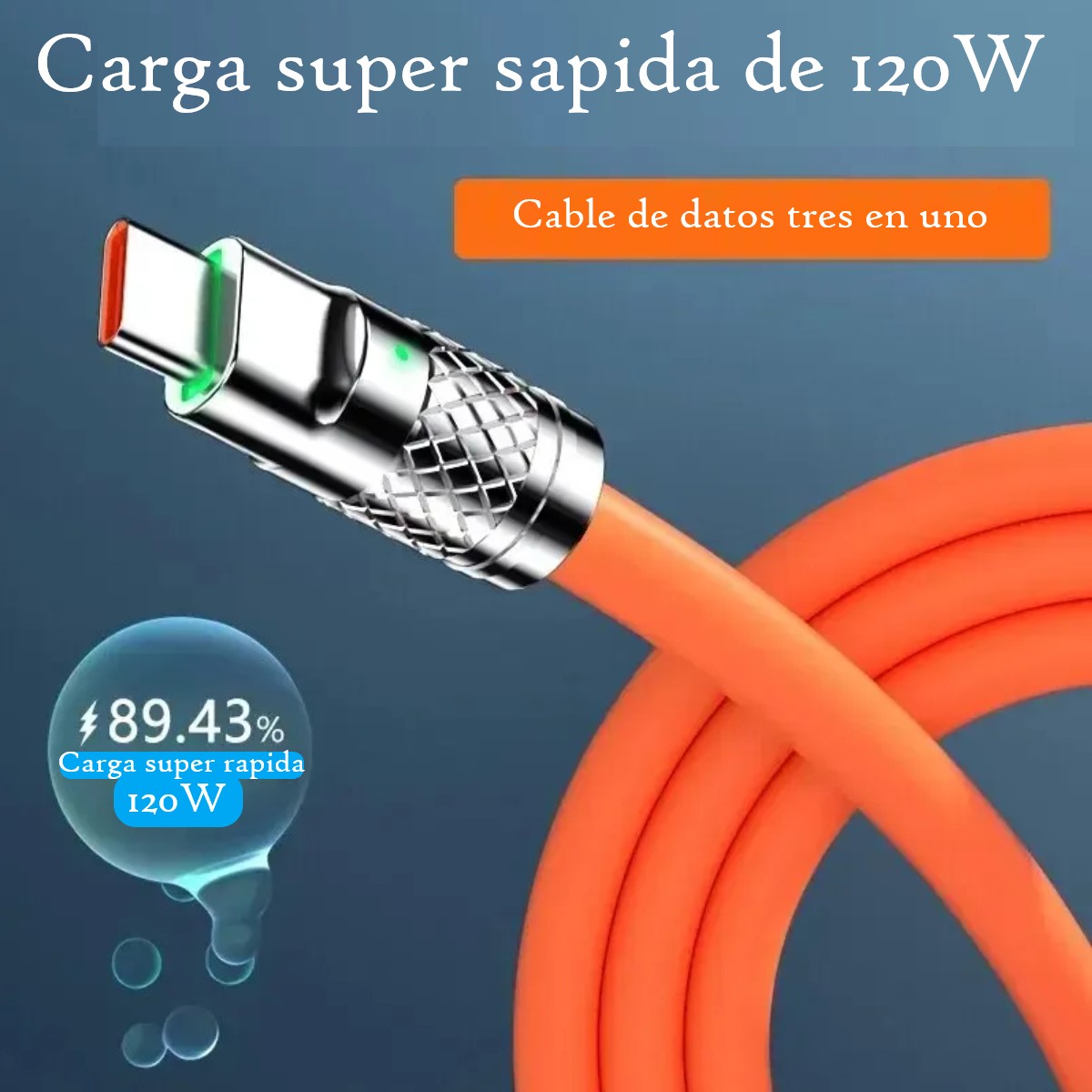 Cable naranja Micro USB tipo C carga rápida 3 en 1 120W 6A iPhone telefono metálico gel LED silicon