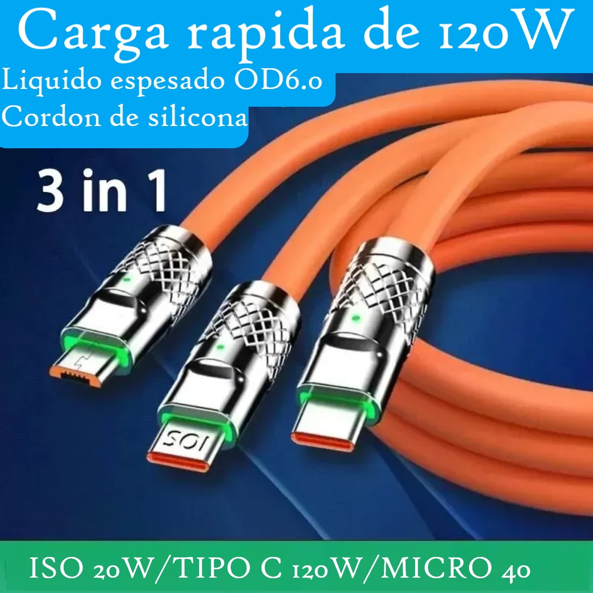 Cable naranja Micro USB tipo C carga rápida 3 en 1 120W 6A iPhone telefono metálico gel LED silicon