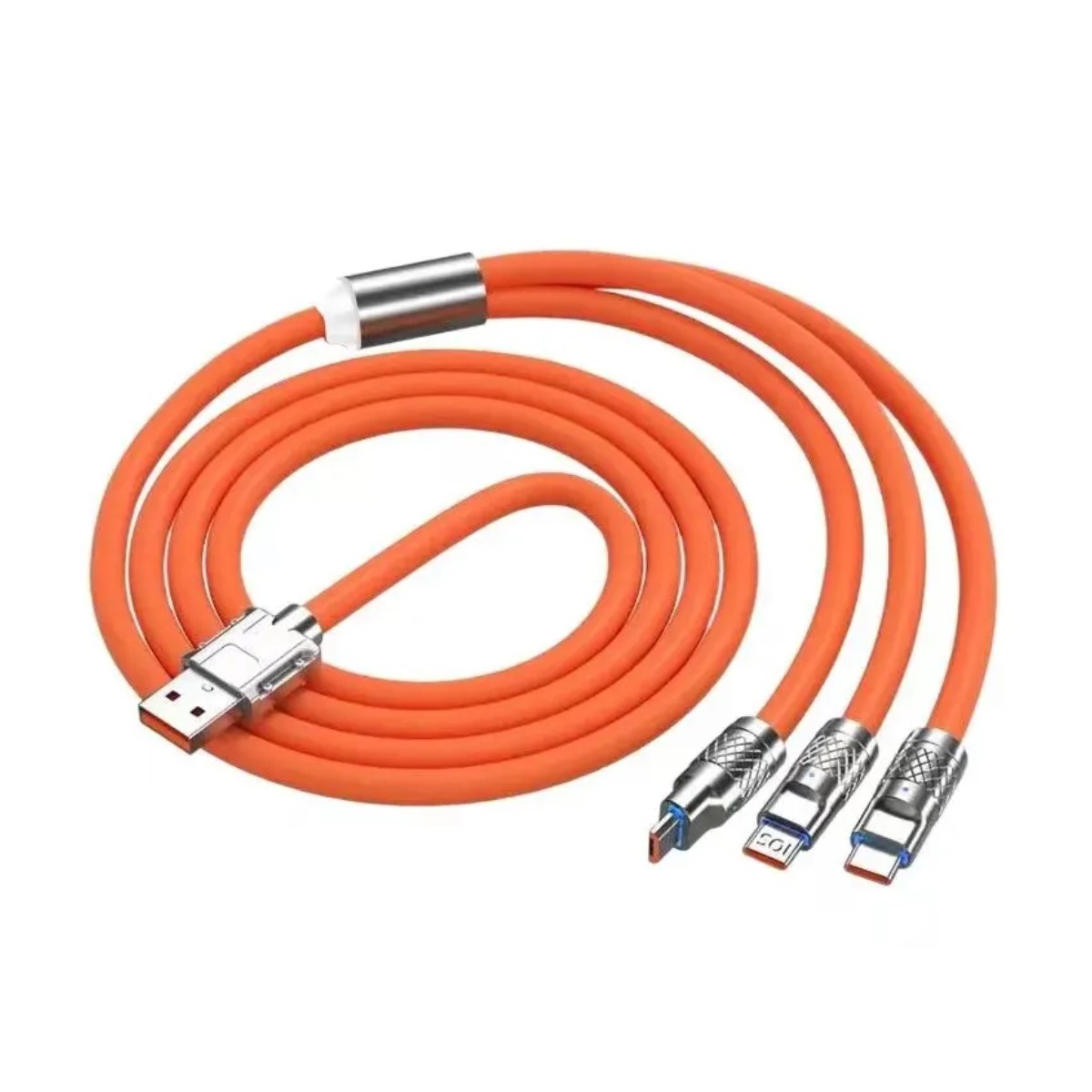 Cable naranja Micro USB tipo C carga rápida 3 en 1 120W 6A iPhone telefono metálico gel LED silicon