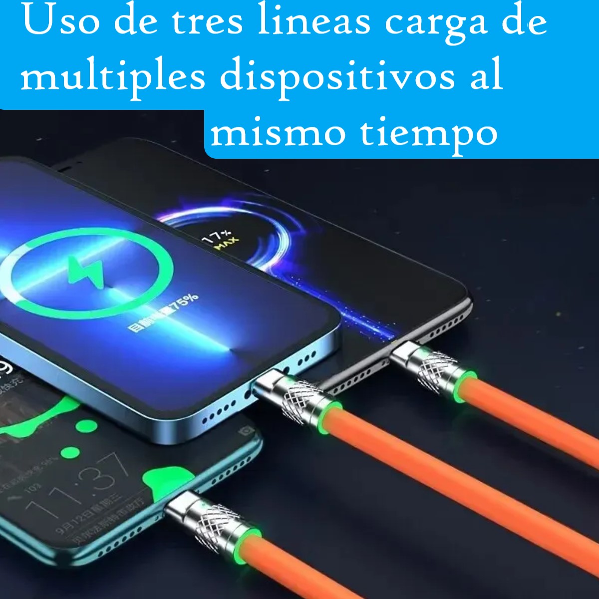 Cable naranja Micro USB tipo C carga rápida 3 en 1 120W 6A iPhone telefono metálico gel LED silicon