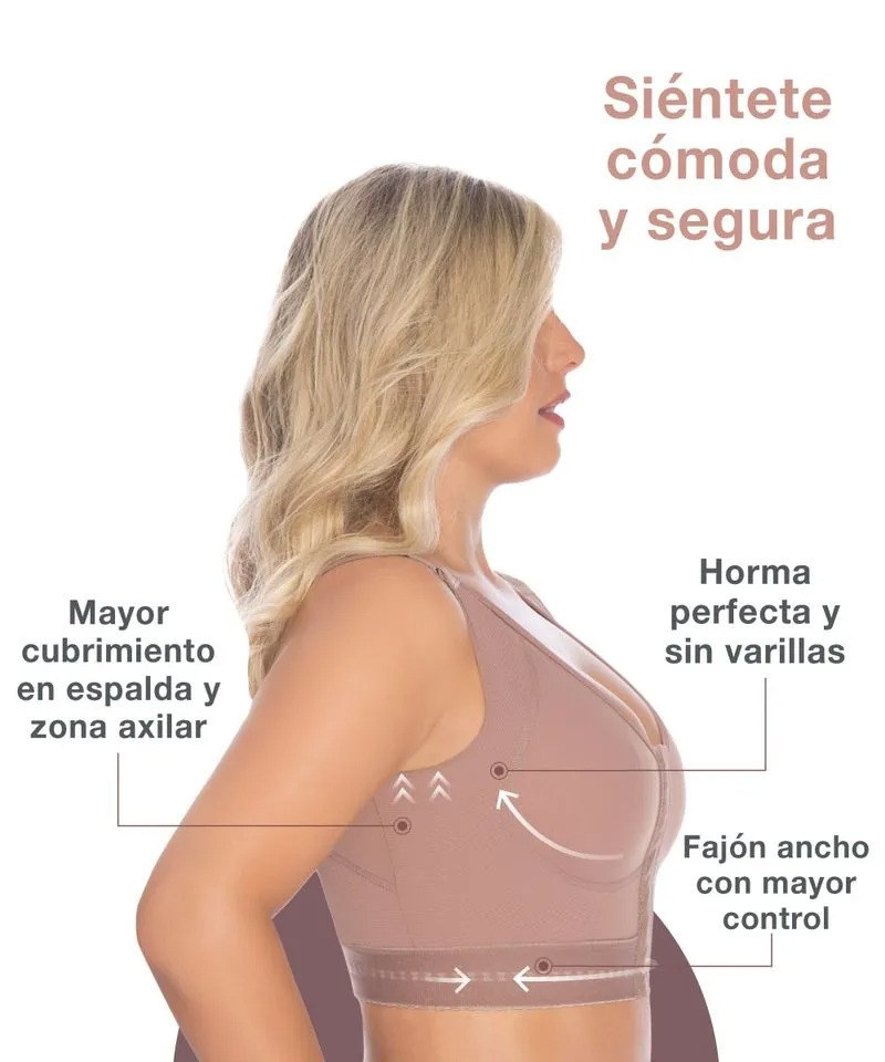 Brasier con Banda Estabilizadora para uso diario y posterior a la cirugía, Brassier Postquirurgico Para Mujer, Brasier Colombiano Postoperatorio con Broches Frontales.