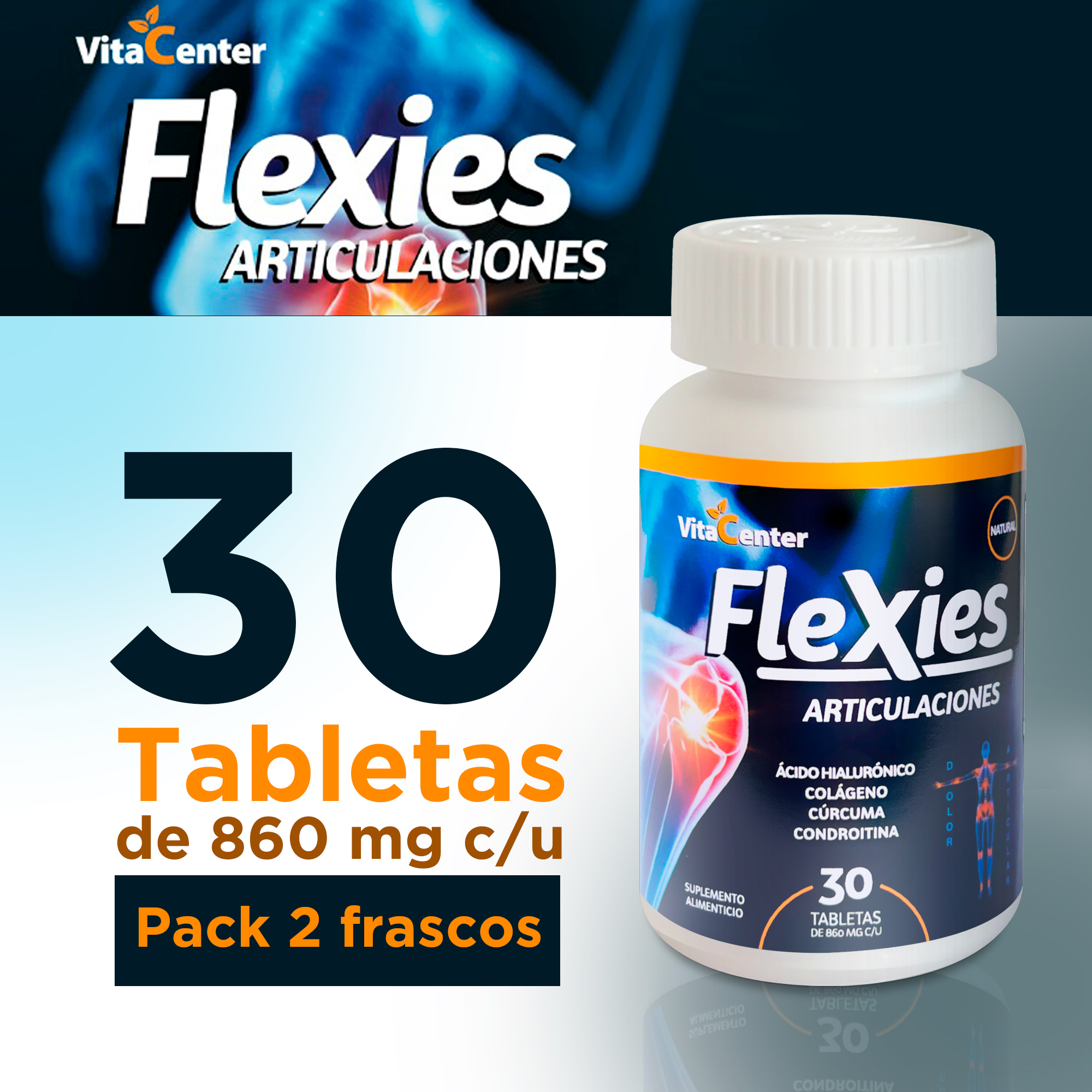 Acido Hialuronico, Colageno y Curcuma - 2 Paquetes de 30 Tabletas Cada Uno - Ideal Articulaciones.