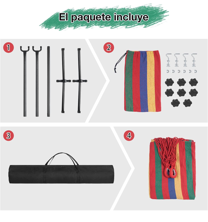 Hamaca portátil con base de acero reforzado ajustable soporta 200 kg.