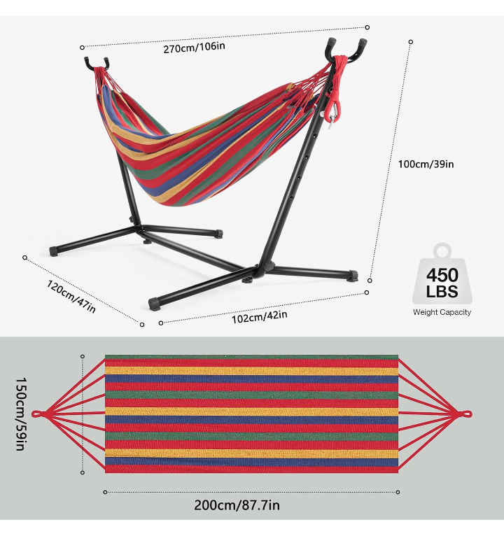 Hamaca portátil con base de acero reforzado ajustable soporta 200 kg.
