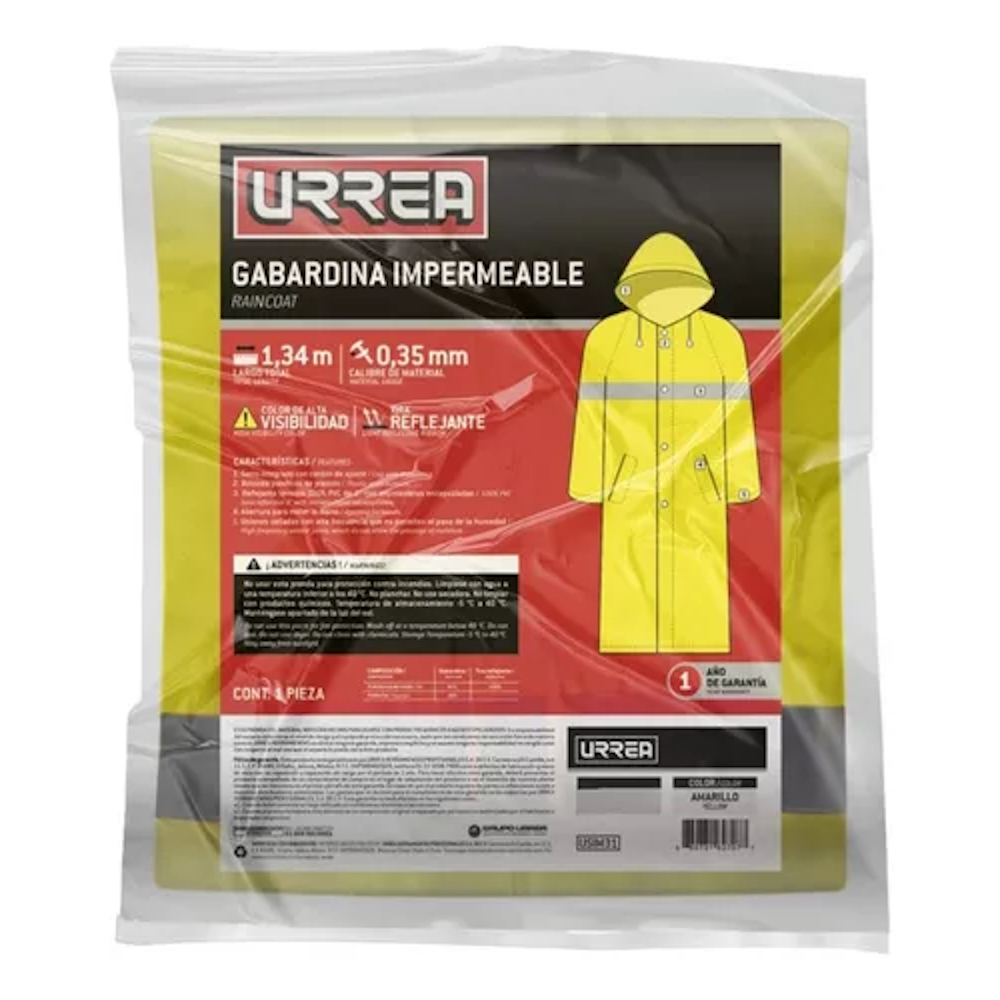 Gabardina Impermeable Con Reflejante Térmico Urrea Amarillo Talla EG.
