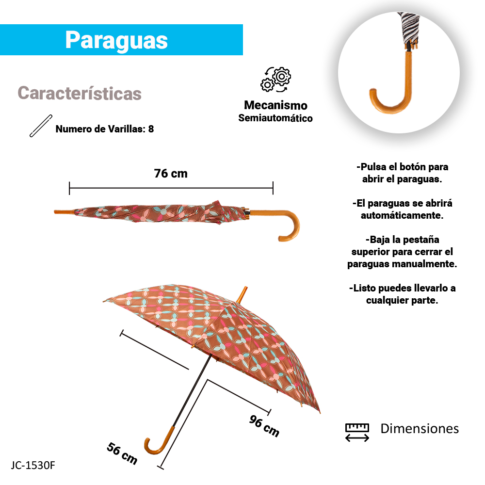 Paraguas Sombrilla De Bastón Semiautomático Estampado Tela Repelente Resistente.