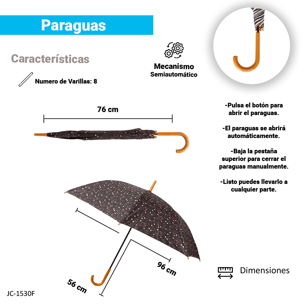 Paraguas Sombrilla De Bastón Semiautomático Estampado Tela Repelente Resistente.