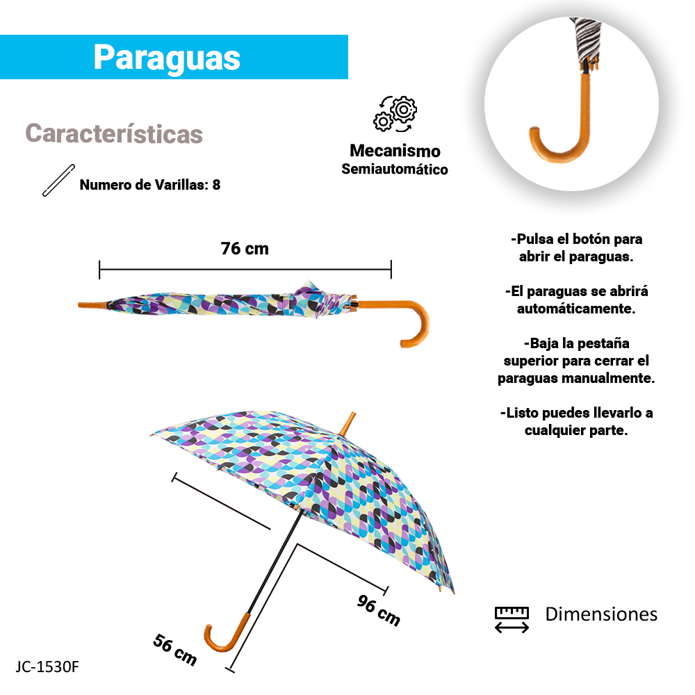 Paraguas Sombrilla De Bastón Semiautomático Estampado Tela Repelente Resistente.
