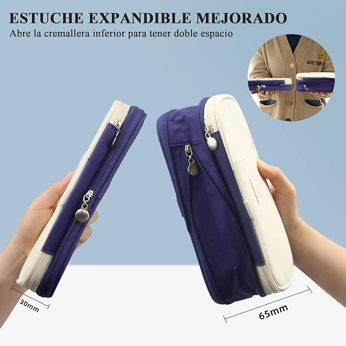 Estuche para Lápices de Grande Capacidad, Lapicera Organizador Expandible, Bolsa de Utiles Oficina, Estucheras Lapiceras Aesthetic para Plumones y Colores, Papelería con Cremallera (Azul).