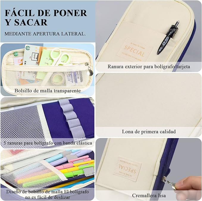 Estuche para Lápices de Grande Capacidad, Lapicera Organizador Expandible, Bolsa de Utiles Oficina, Estucheras Lapiceras Aesthetic para Plumones y Colores, Papelería con Cremallera (Azul).