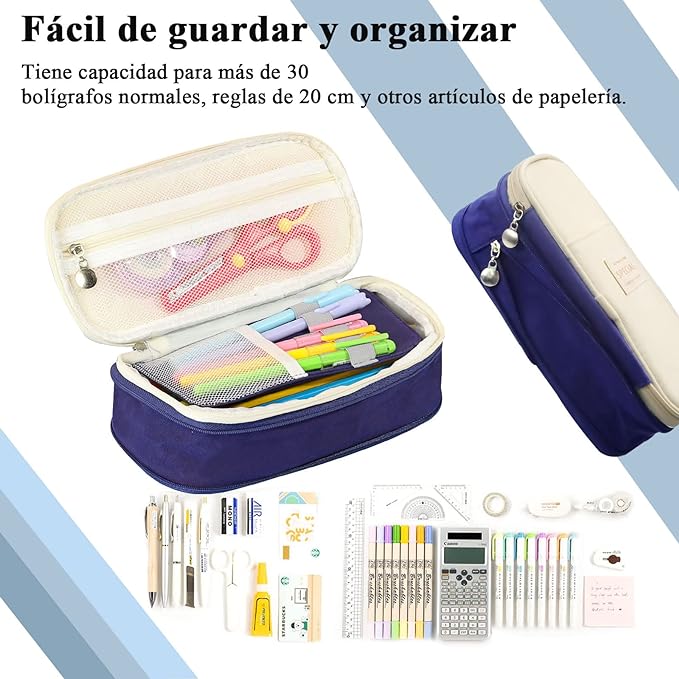 Estuche para Lápices de Grande Capacidad, Lapicera Organizador Expandible, Bolsa de Utiles Oficina, Estucheras Lapiceras Aesthetic para Plumones y Colores, Papelería con Cremallera (Azul).