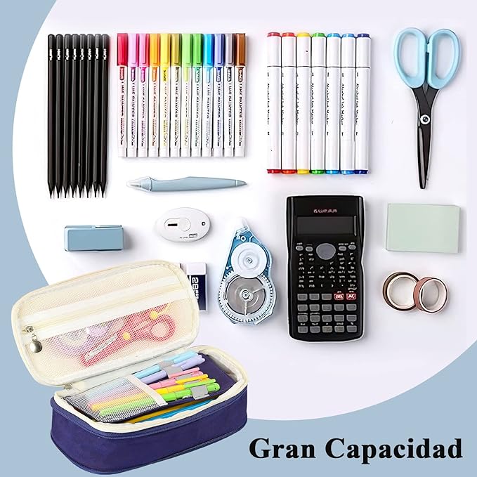 Estuche para Lápices de Grande Capacidad, Lapicera Organizador Expandible, Bolsa de Utiles Oficina, Estucheras Lapiceras Aesthetic para Plumones y Colores, Papelería con Cremallera (Azul).