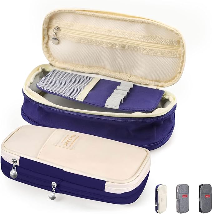 Estuche para Lápices de Grande Capacidad, Lapicera Organizador Expandible, Bolsa de Utiles Oficina, Estucheras Lapiceras Aesthetic para Plumones y Colores, Papelería con Cremallera (Azul).