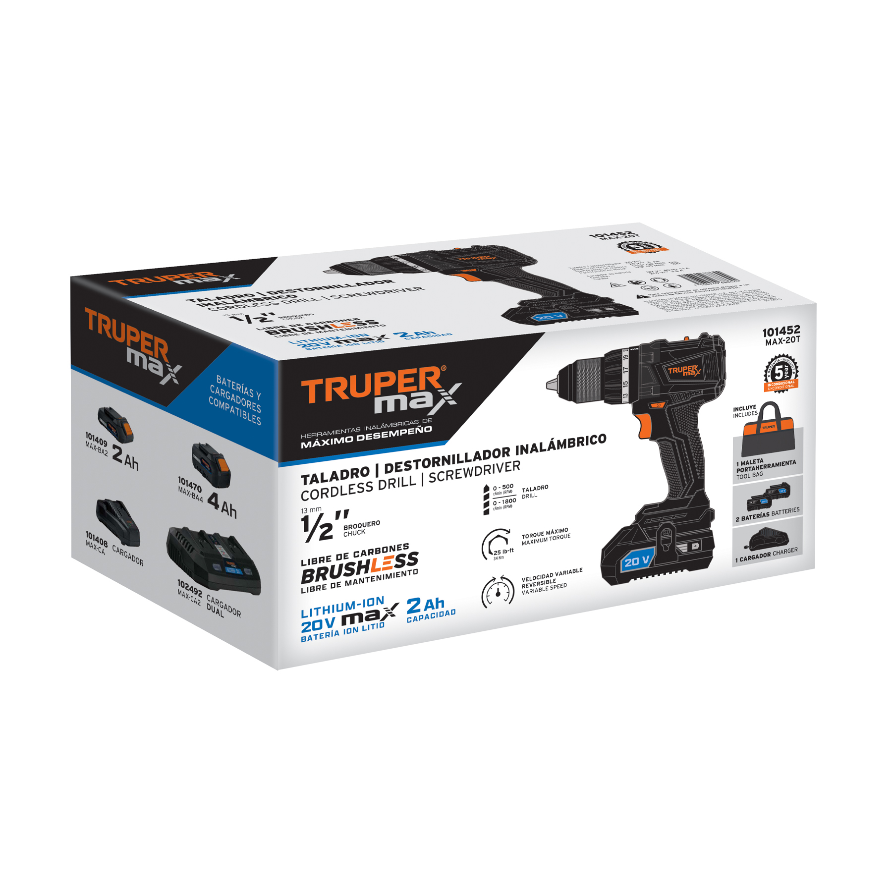 Taladro inalámbrico Truper 1/2 pul 20V sin carbones 101452