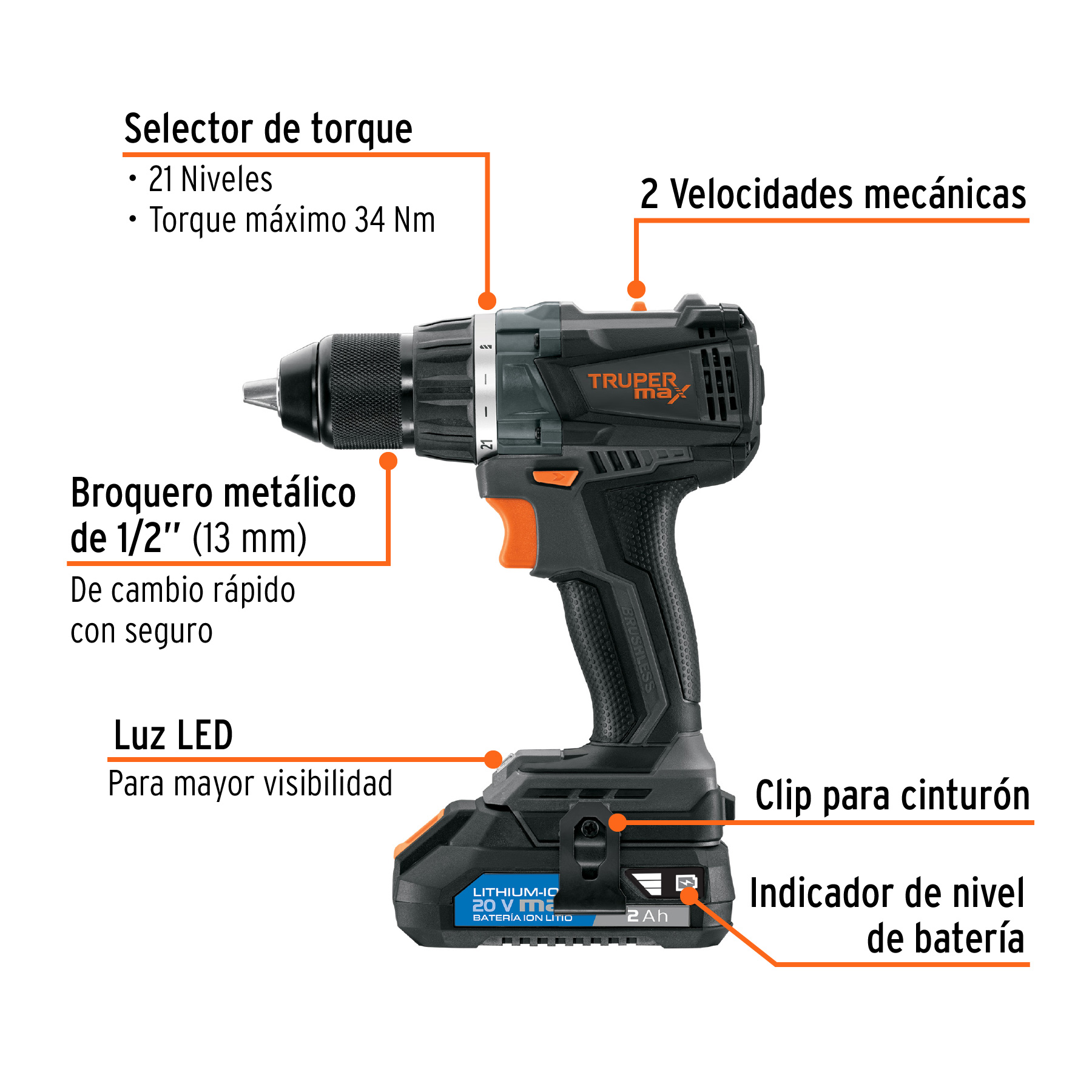 Taladro inalámbrico Truper 1/2 pul 20V sin carbones 101452