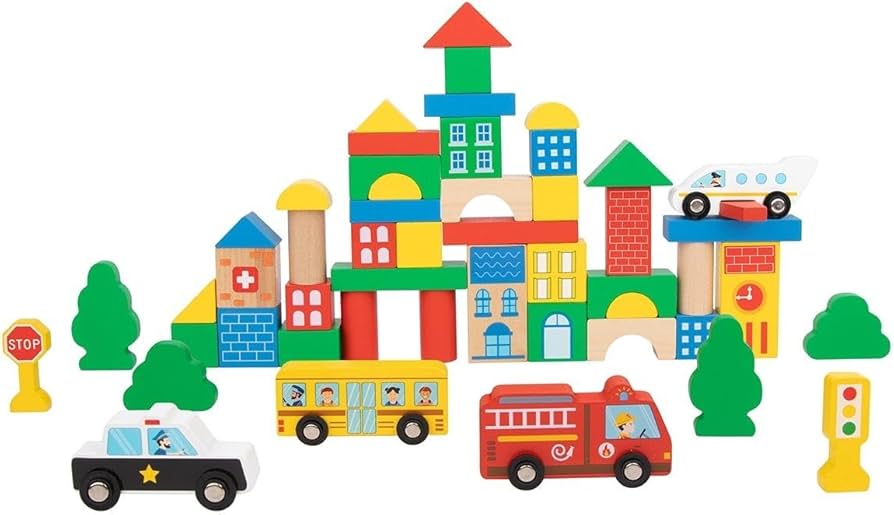 Bloques De Madera Coloridos Construye Tu Ciudad De 50 Piezas.
