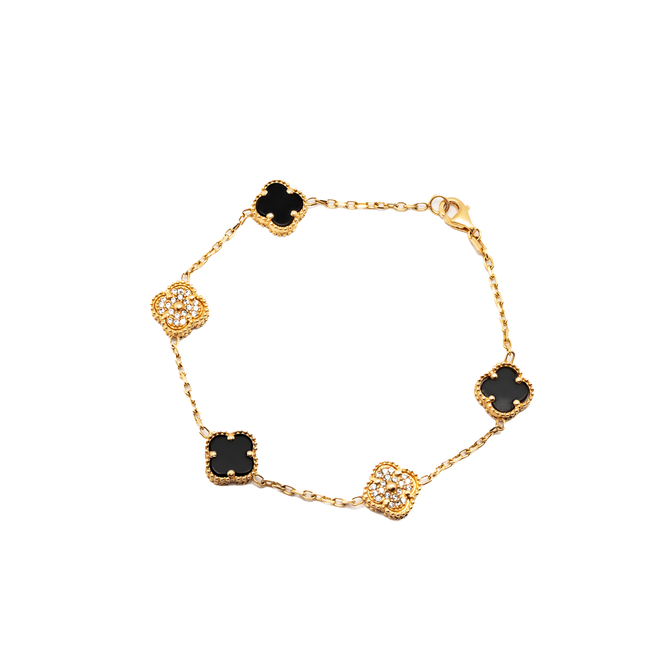 Pulsera Trebol Negro/Dorado con Circonias Oro 14 Kilates. Oro Fino Joyería..