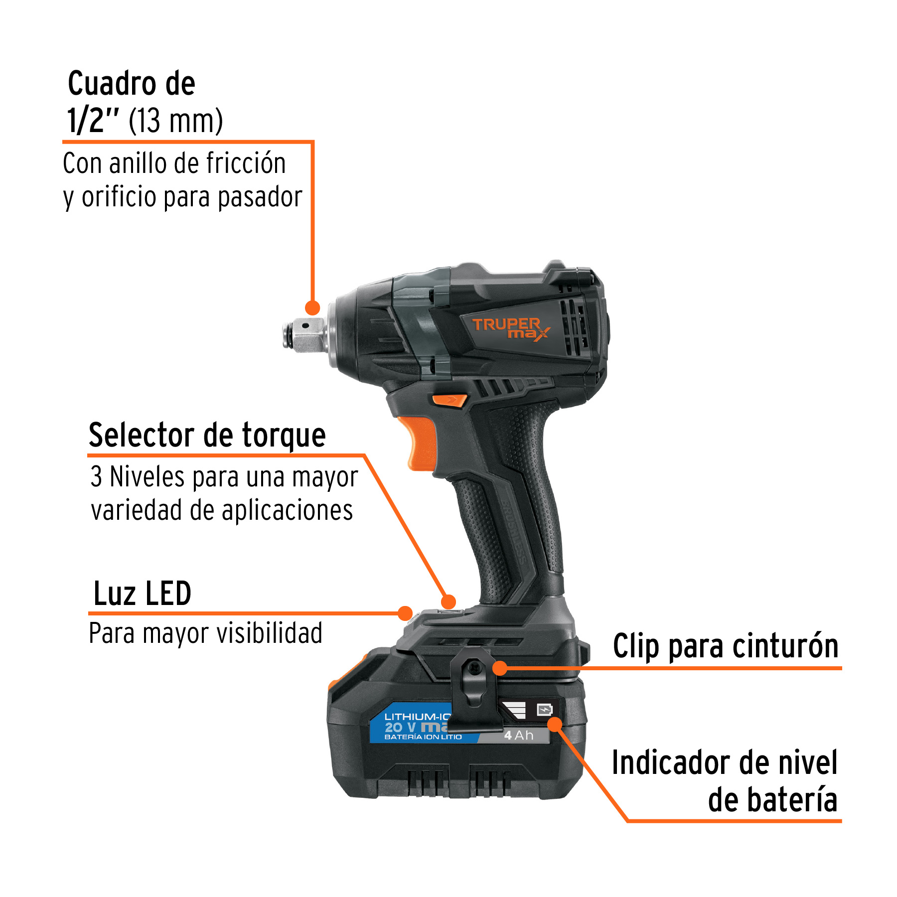 Llave d/impacto inalámbrica Truper 1/2 pul 20V sin carbones 101403 negro