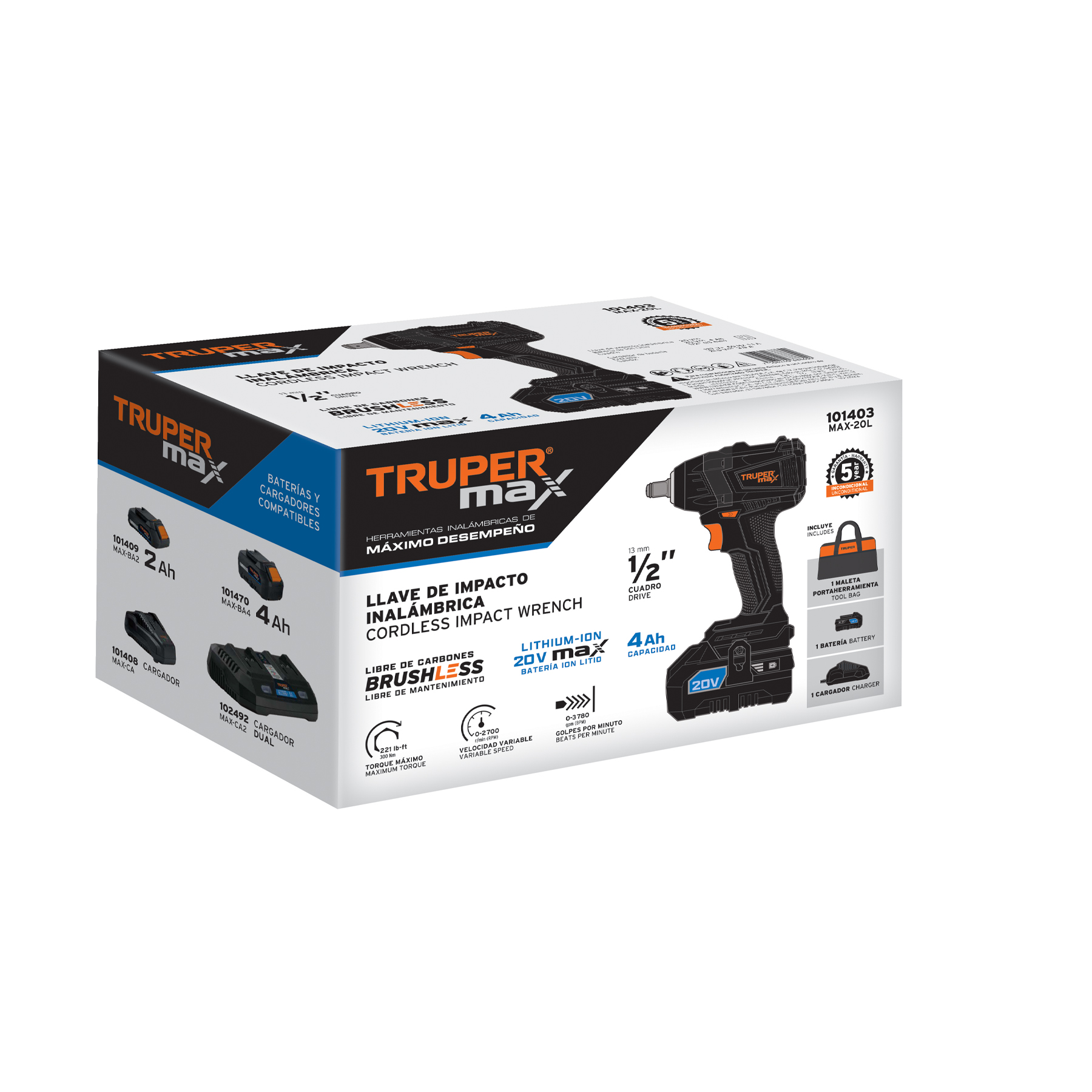 Llave d/impacto inalámbrica Truper 1/2 pul 20V sin carbones 101403 negro