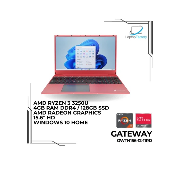 Laptop Gateway GWTN156-12-11RD, Pantalla 15.6 Pulgadas IPS Fhd Procesador Amd Ryzen 3-3250u, 4 Gb Ram 128 Gb Ssd Gráficos Amd Graphics, WIndows 11 Home Color Rojo .