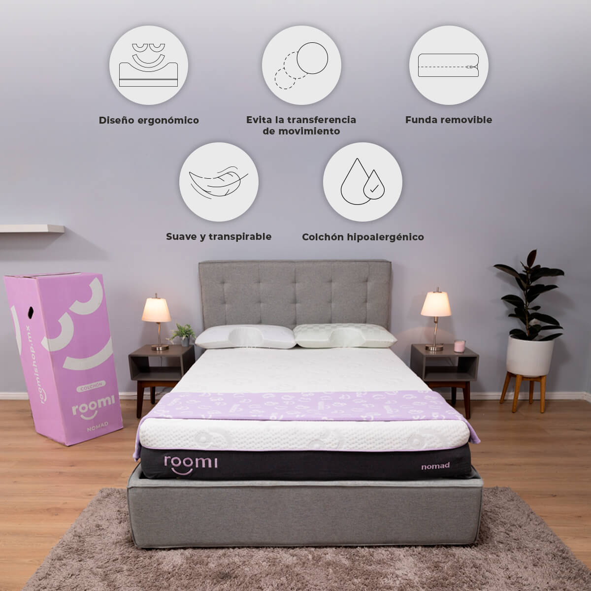 Colchón En Caja Matrimonial Roomi Nomad Confort Firme, Memory Foam.