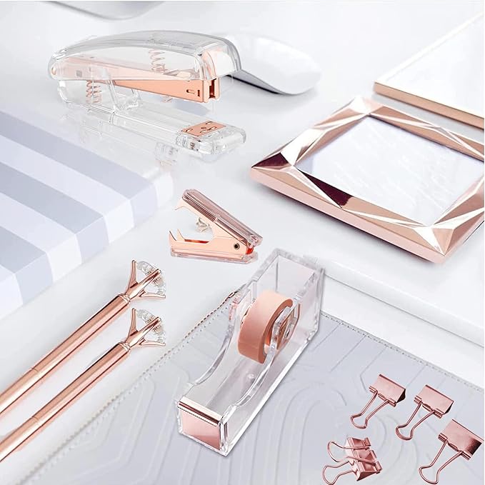 A ENVR Kit de Engrapadora de 16 piezas, Incluye 1 Grapadora, 1 Quitagrapas, 1 Despachador de Cinta Adhesiva, 2 Bolígrafo Retráctil, 10 Clips y 1000 Grapas, Engrapadora Oficina Premium, Tono Oro Rosa.