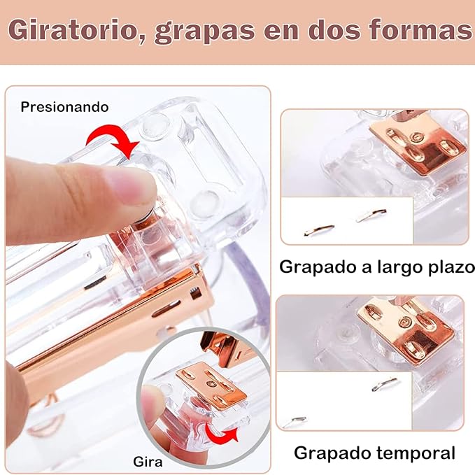A ENVR Kit de Engrapadora de 16 piezas, Incluye 1 Grapadora, 1 Quitagrapas, 1 Despachador de Cinta Adhesiva, 2 Bolígrafo Retráctil, 10 Clips y 1000 Grapas, Engrapadora Oficina Premium, Tono Oro Rosa.