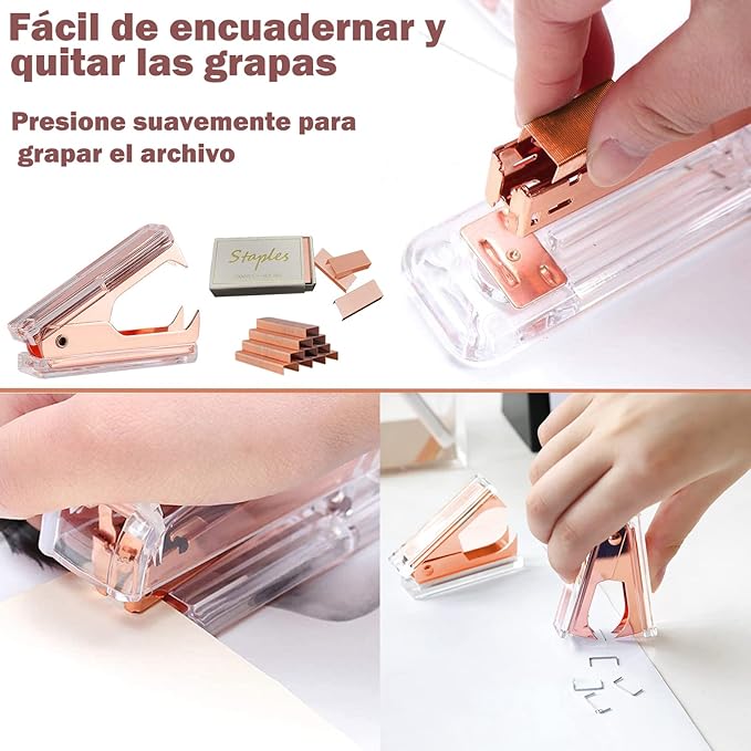 A ENVR Kit de Engrapadora de 16 piezas, Incluye 1 Grapadora, 1 Quitagrapas, 1 Despachador de Cinta Adhesiva, 2 Bolígrafo Retráctil, 10 Clips y 1000 Grapas, Engrapadora Oficina Premium, Tono Oro Rosa.