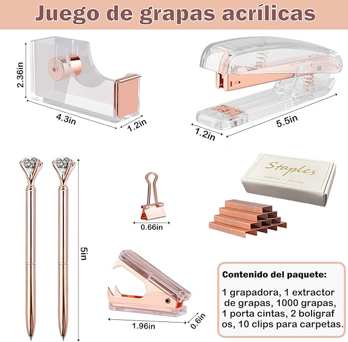 A ENVR Kit de Engrapadora de 16 piezas, Incluye 1 Grapadora, 1 Quitagrapas, 1 Despachador de Cinta Adhesiva, 2 Bolígrafo Retráctil, 10 Clips y 1000 Grapas, Engrapadora Oficina Premium, Tono Oro Rosa.