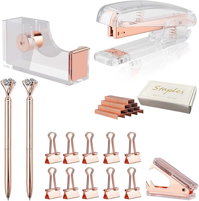 A ENVR Kit de Engrapadora de 16 piezas, Incluye 1 Grapadora, 1 Quitagrapas, 1 Despachador de Cinta Adhesiva, 2 Bolígrafo Retráctil, 10 Clips y 1000 Grapas, Engrapadora Oficina Premium, Tono Oro Rosa.