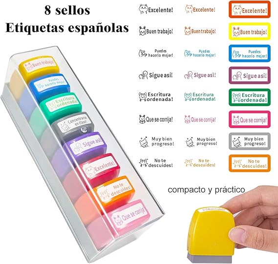 A 8 Piezas Sellos para Maestros, Sellos Personalizados Español con Bandeja de Almacenamiento, Juego de Sellos Escuela Autoentintados para Calificación, Comentarios Alentadores, Sello de Oficina.