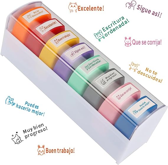 A 8 Piezas Sellos para Maestros, Sellos Personalizados Español con Bandeja de Almacenamiento, Juego de Sellos Escuela Autoentintados para Calificación, Comentarios Alentadores, Sello de Oficina.