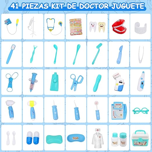 M KITCHEN CHOICE Juego de Doctor para Niños,41Pcs Kit de Doctora Juguetes para Nina,Doctora Juguetes con Luz y Sonido Incluir Estetoscopio,Bata de Laboratorio,Regalos para Niño y Niña de 3+ Años(Azul).