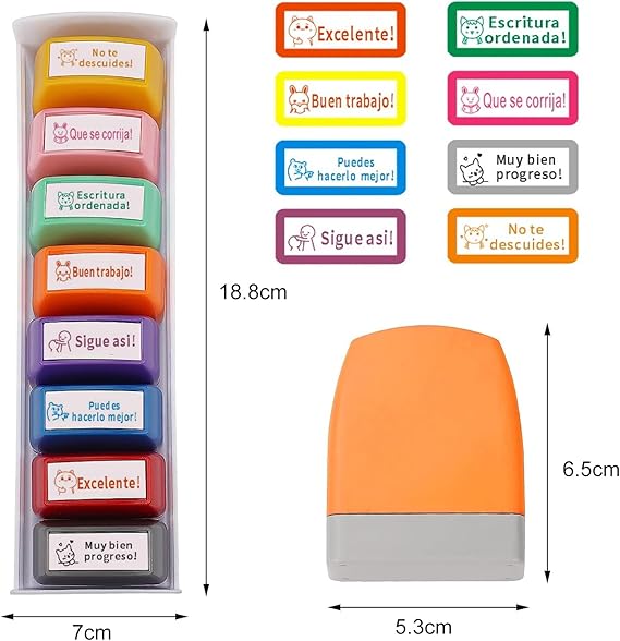 A 8 Piezas Sellos para Maestros, Sellos Personalizados Español con Bandeja de Almacenamiento, Juego de Sellos Escuela Autoentintados para Calificación, Comentarios Alentadores, Sello de Oficina.