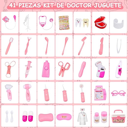 M KITCHEN CHOICE Juego de Doctor para Niños,41Pcs Kit de Doctora Juguetes para Nina,Doctora Juguetes con Luz y Sonido Incluir Estetoscopio,Bata de Laboratorio,Regalos para Niño y Niña de 3+ Años(Rosa).