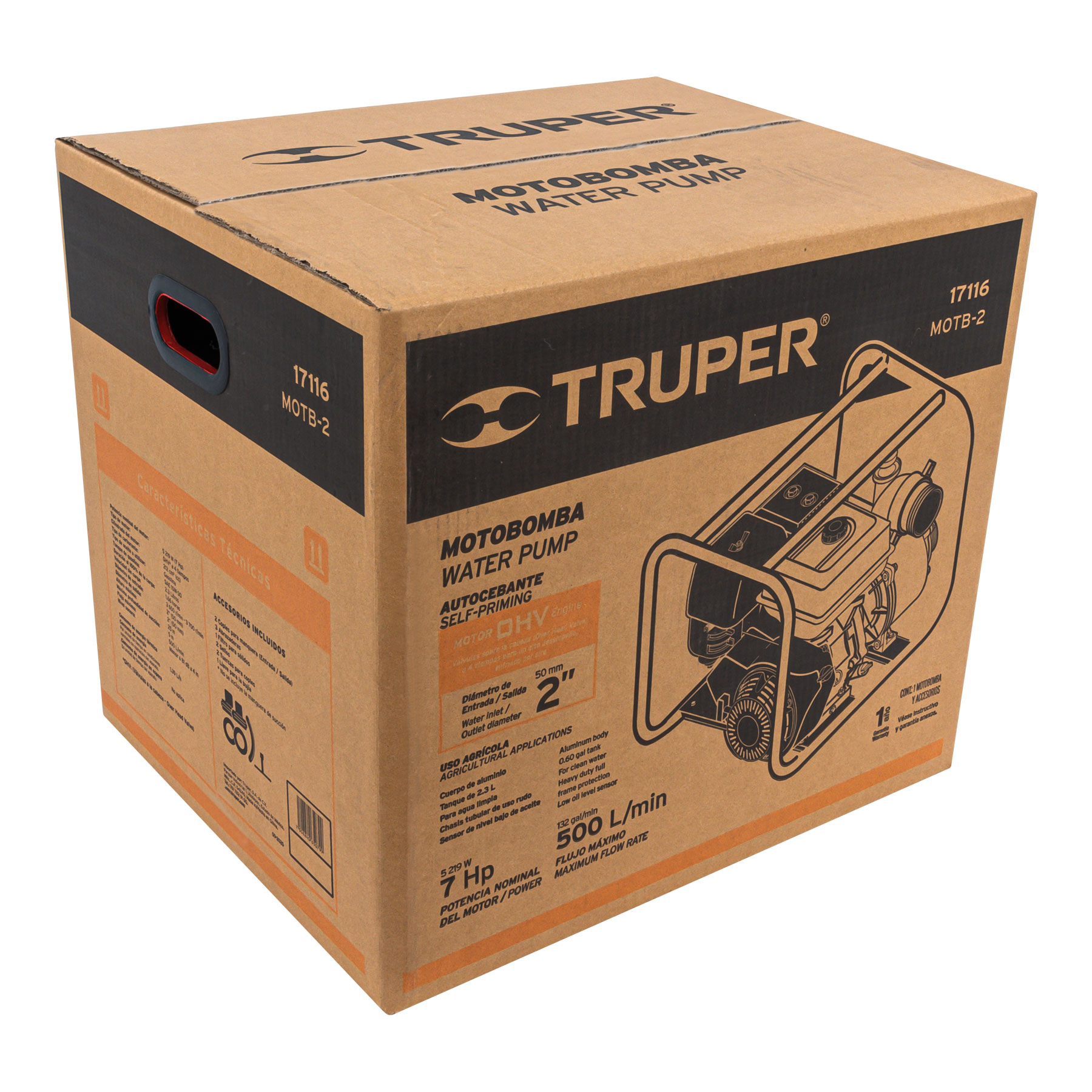 Motobomba autocebante Truper 2 x 2 pul a gasolina 7 HP 17116 naranja