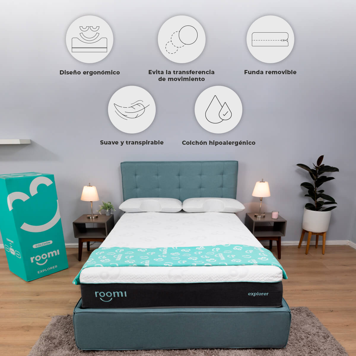 Colchón en Caja Queen Size Roomi Explorer, Tecnología Hybrid, Confort Medio.