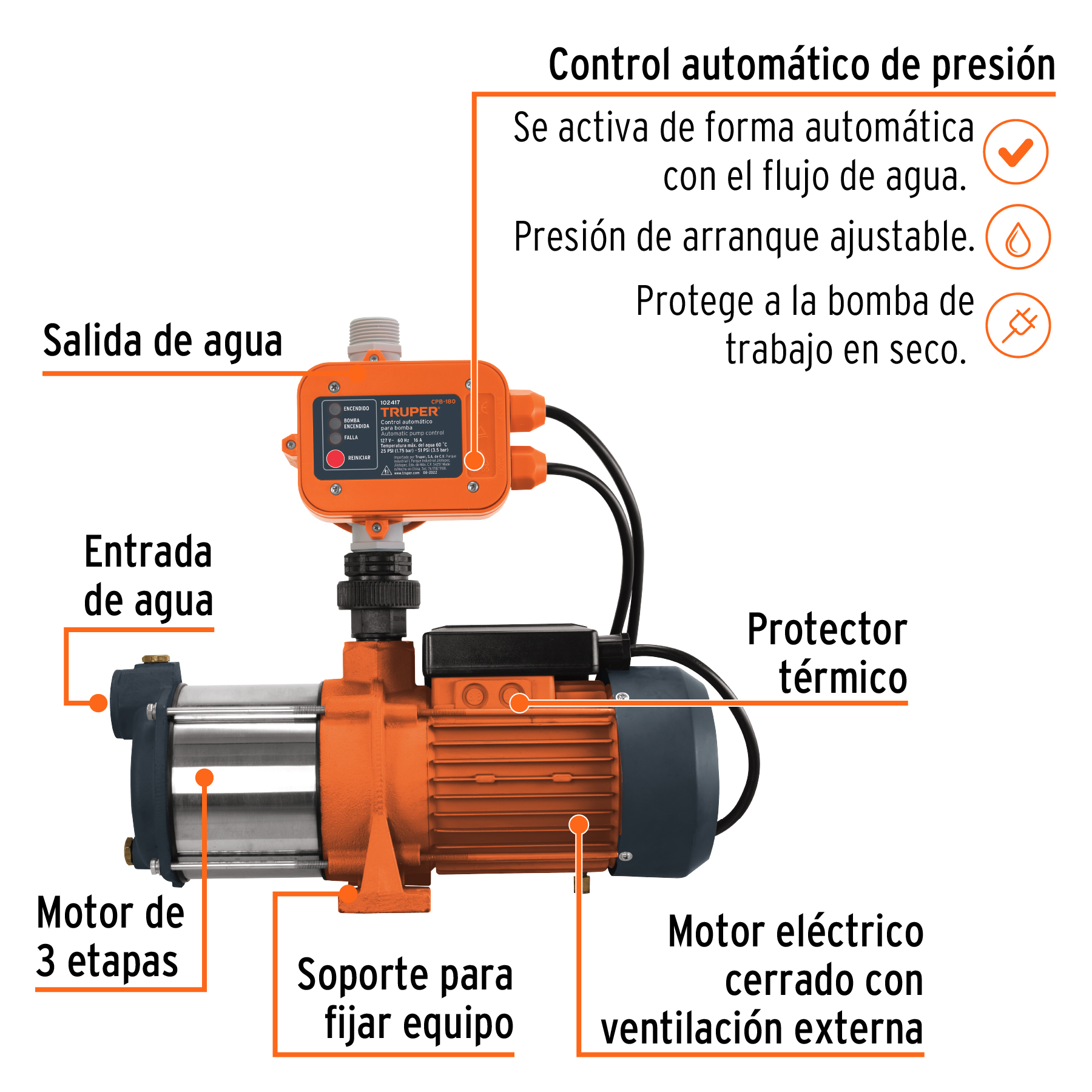 Bomba presurizadora multietapas Truper 1 HP con control 102386 naranja