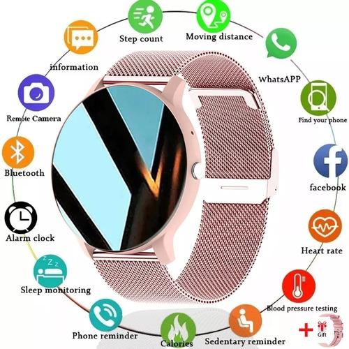 Smartwatch Reloj De Silicona De Moda S32 Reloj Deportivo Int Caja Dorado Correa Rosa Bisel Dorado.