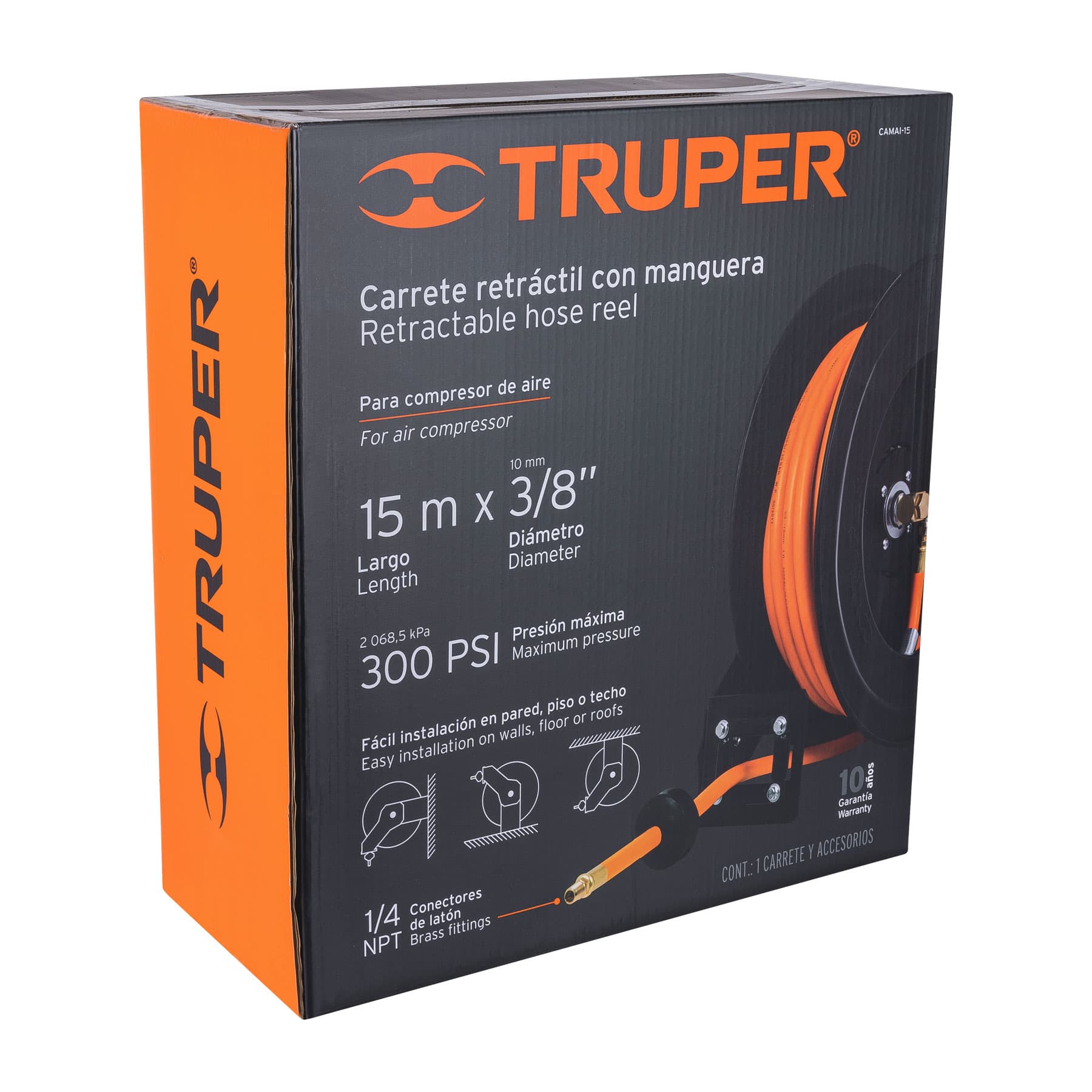 Manguera para compresor de hule Truper15m x 3/8 pul carrete retráctil 10388
