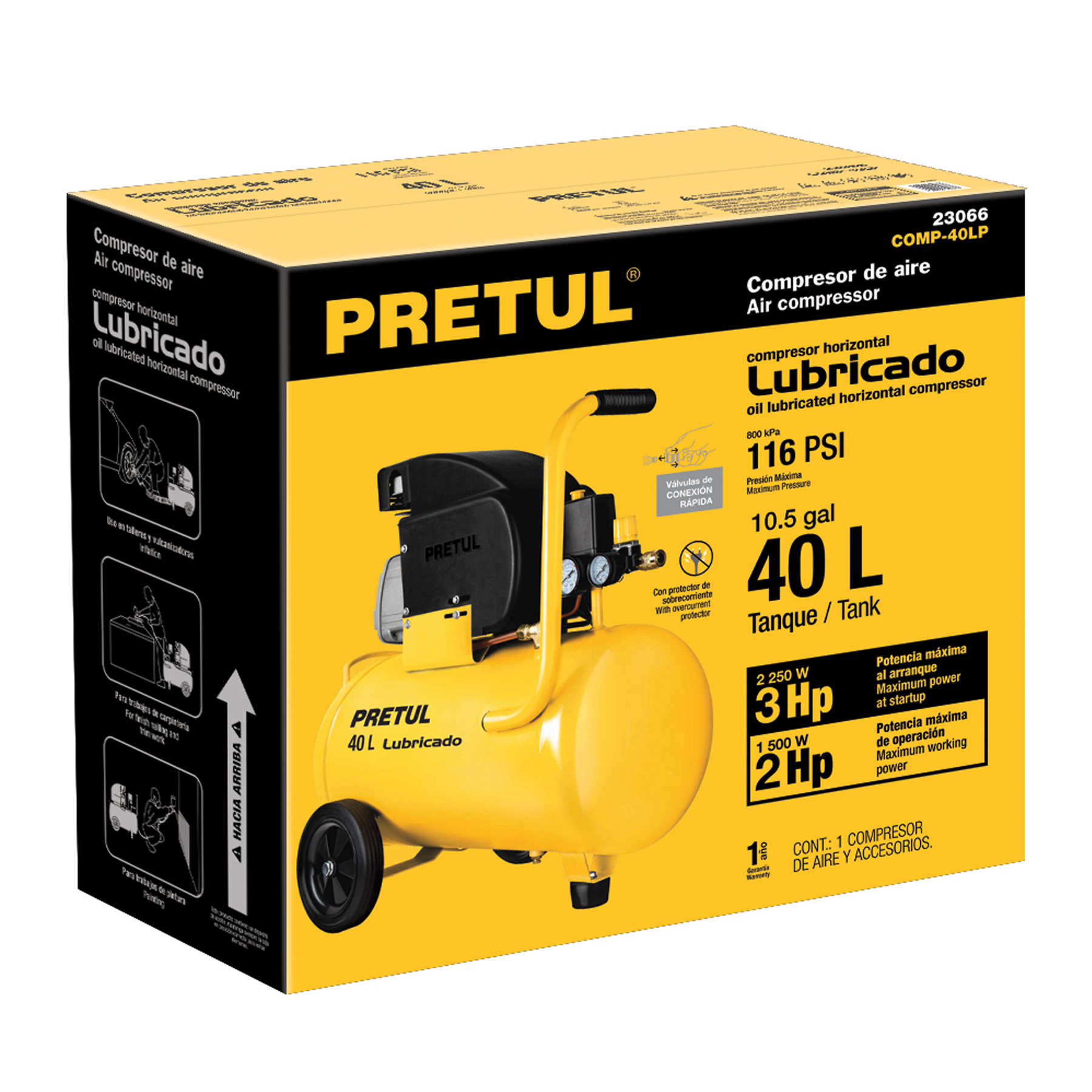 Compresor de aire lubricado horizontal Pretul 40L 3HP 127V 23066 amarillo