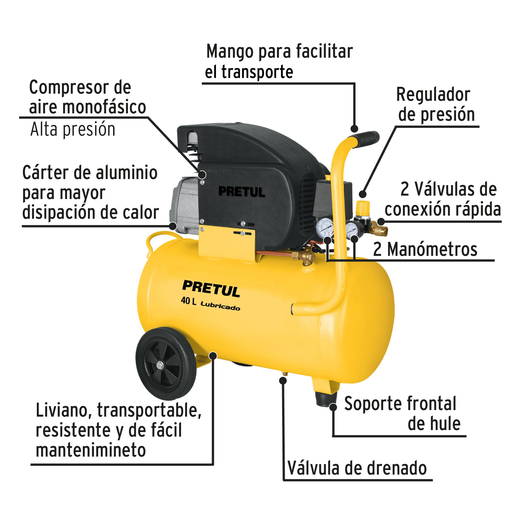 Compresor de aire lubricado horizontal Pretul 40L 3HP 127V 23066 amarillo