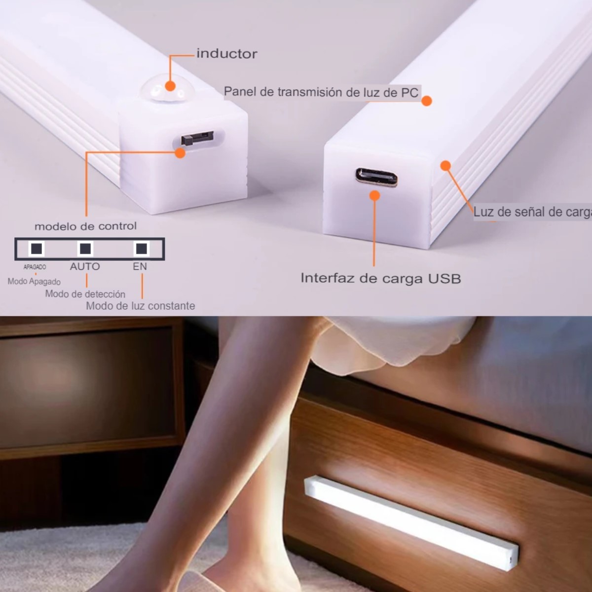 Luz LED inalámbrica recargable seguridad lampara Sensor movimiento sala, cuarto,armario, escaleras.